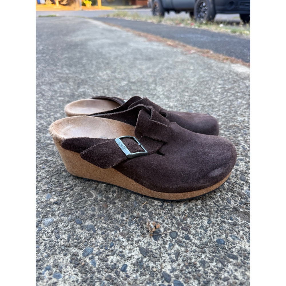 Papillio by Birkenstock Brown Suede Wedge Clogs Buckle Strap 38 L7 M5